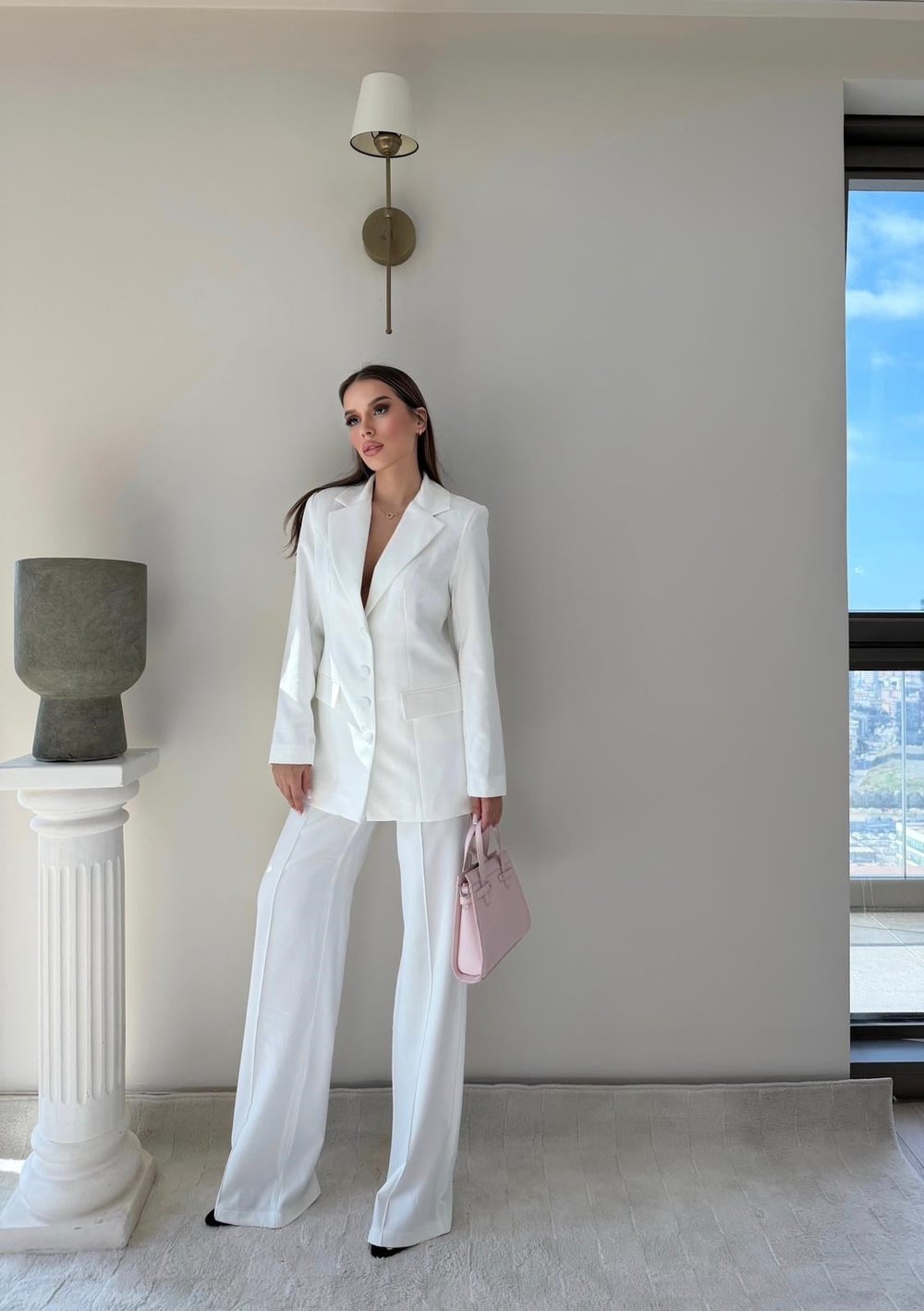 Dört Düğme Detay İç Astarlı Blazer Ceket ve Pantolonlu Double Kumaş İkili Takım Beyaz 2093