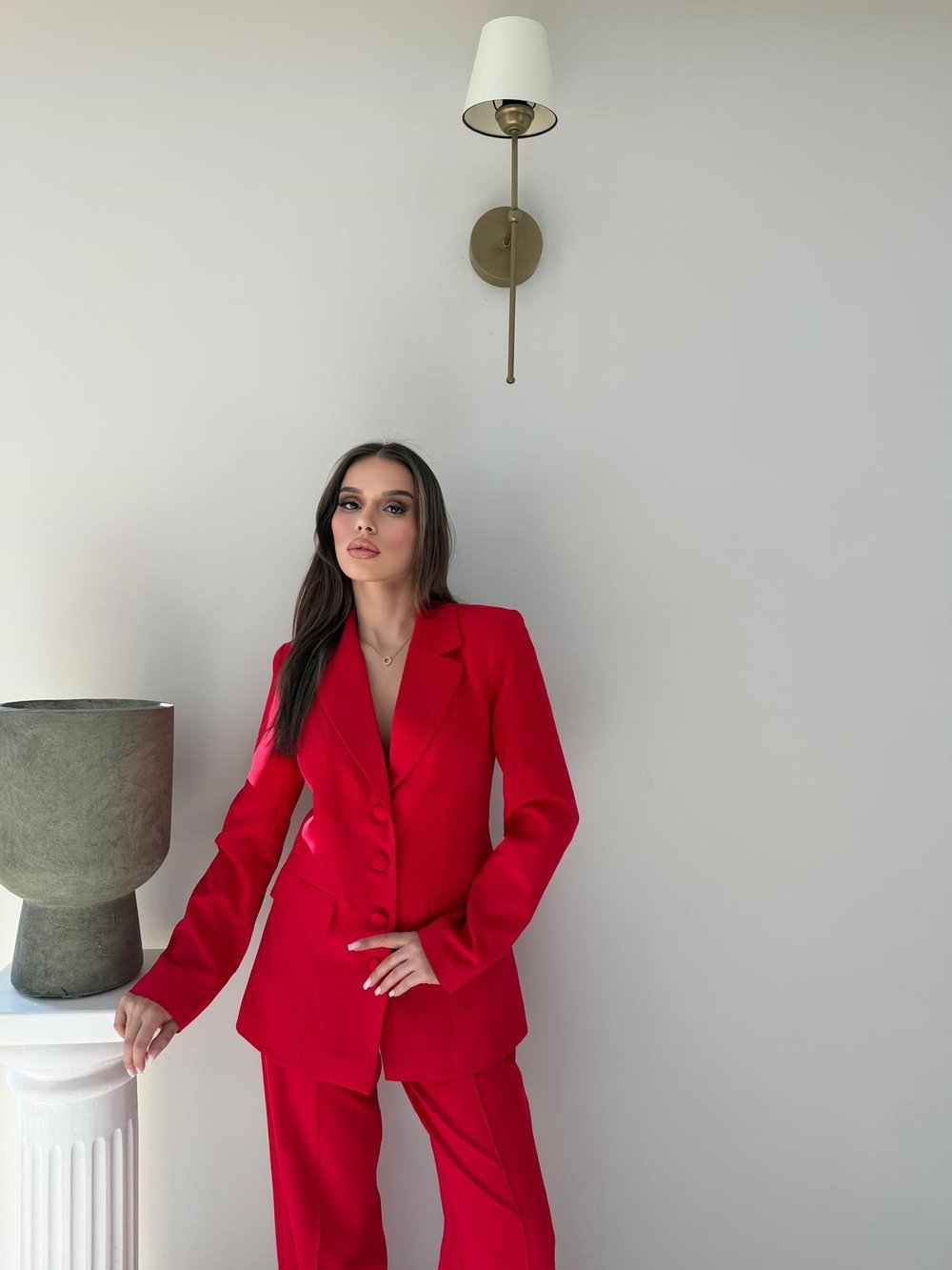Dört Düğme Detay İç Astarlı Blazer Ceket ve Pantolonlu Double Kumaş İkili Takım Kırmızı 2093