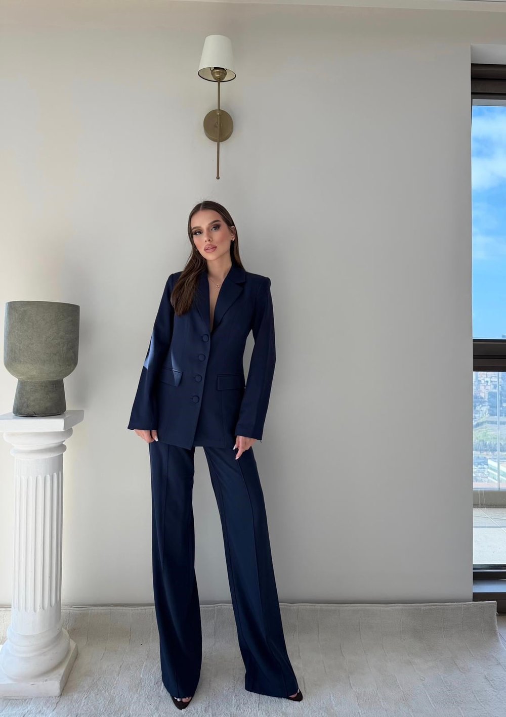Dört Düğme Detay İç Astarlı Blazer Ceket ve Pantolonlu Double Kumaş İkili Takım Lacivert 2093