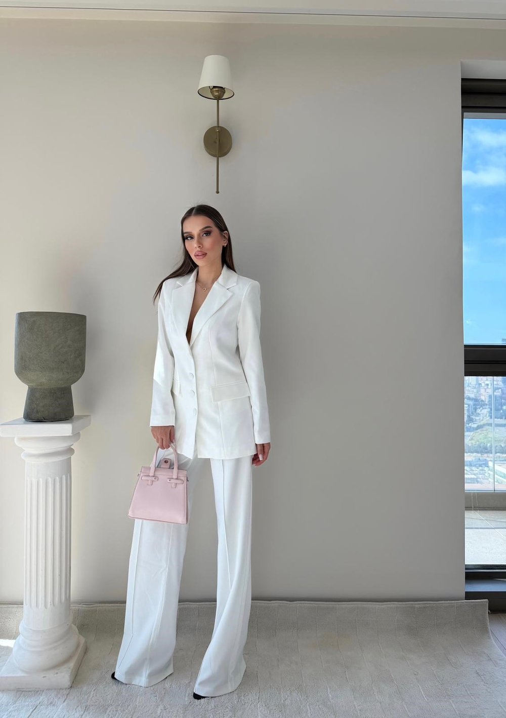 Dört Düğme Detay İç Astarlı Blazer Ceket ve Pantolonlu Double Kumaş İkili Takım Beyaz 2093