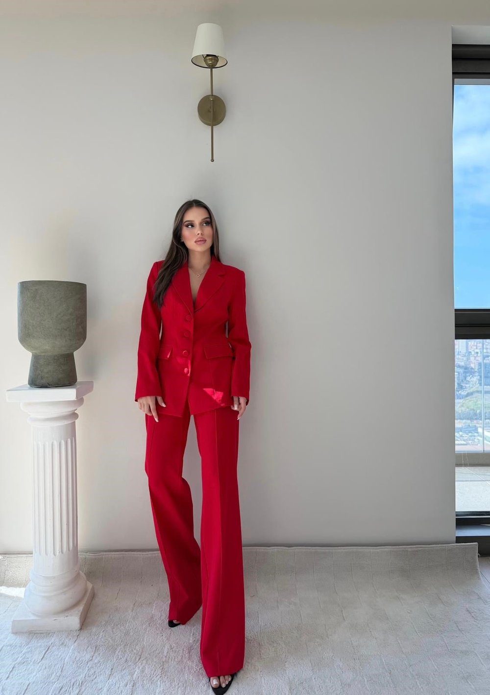 Dört Düğme Detay İç Astarlı Blazer Ceket ve Pantolonlu Double Kumaş İkili Takım Kırmızı 2093