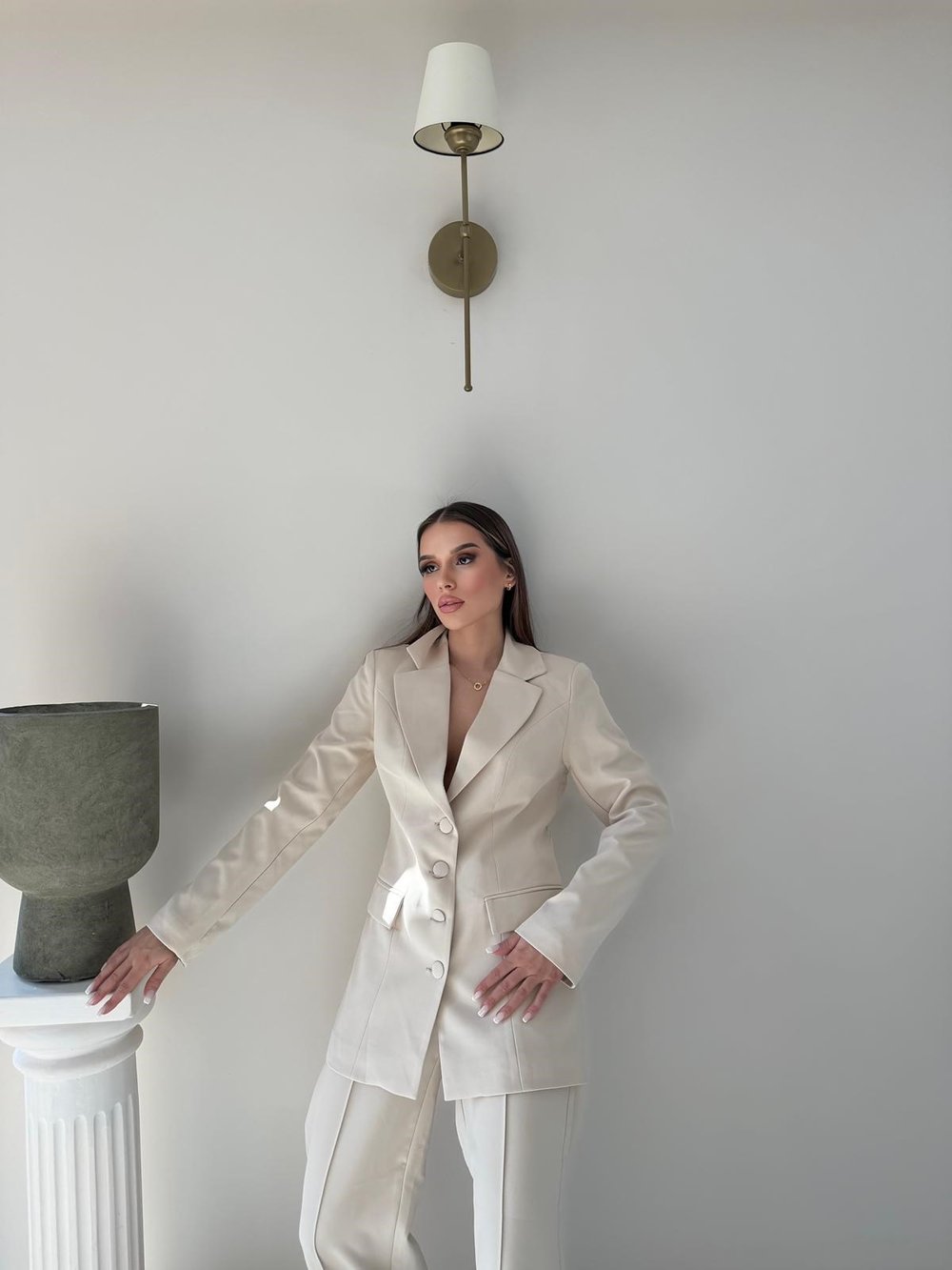 Dört Düğme Detay İç Astarlı Blazer Ceket ve Pantolonlu Double Kumaş İkili Takım Bej 2093