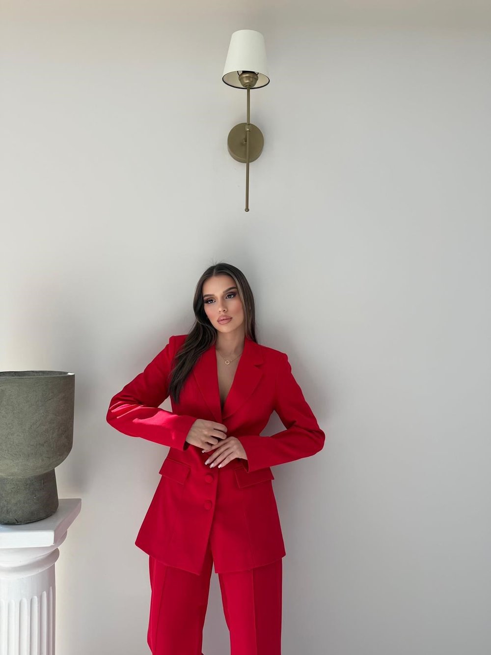 Dört Düğme Detay İç Astarlı Blazer Ceket ve Pantolonlu Double Kumaş İkili Takım Kırmızı 2093