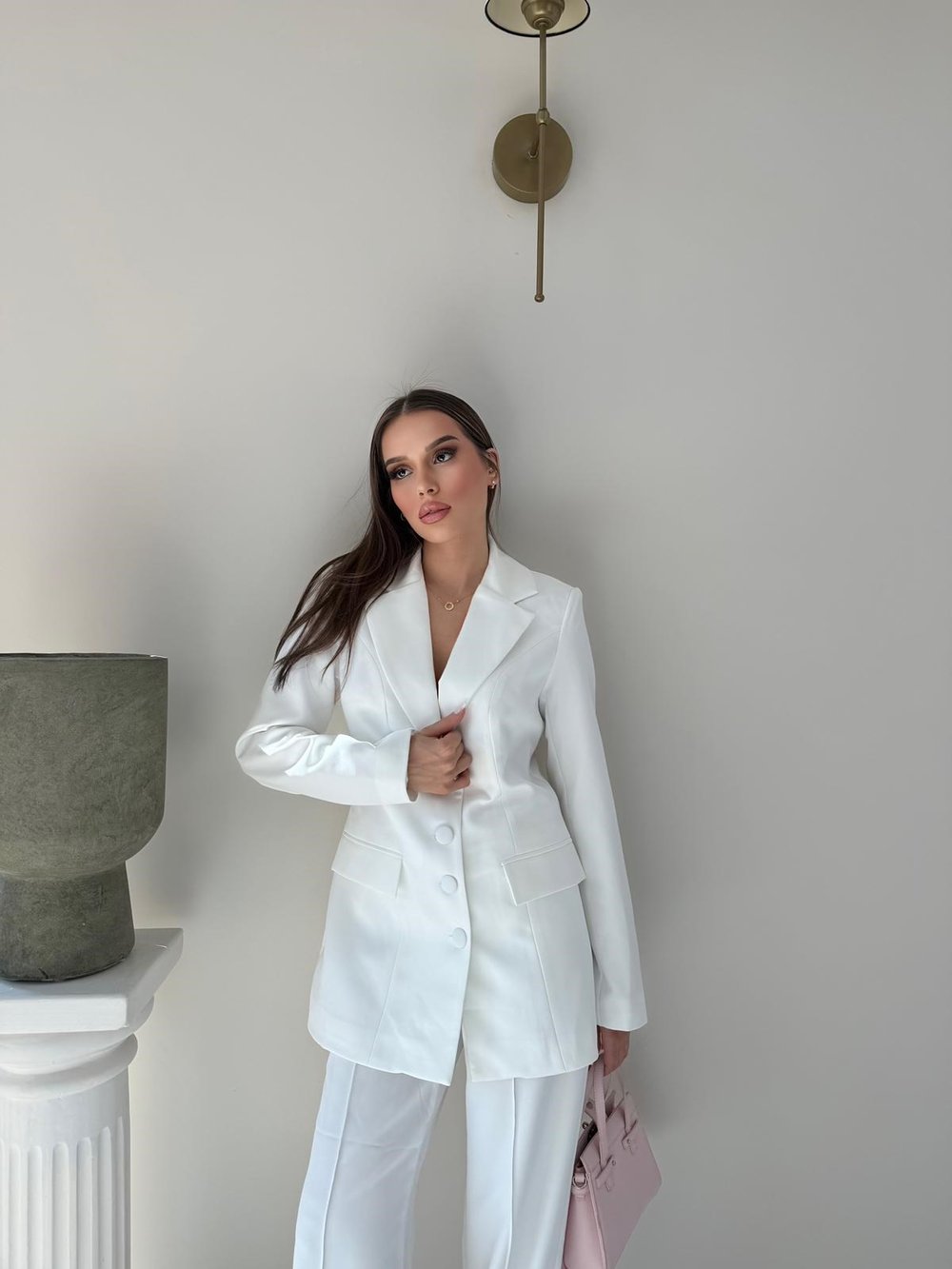 Dört Düğme Detay İç Astarlı Blazer Ceket ve Pantolonlu Double Kumaş İkili Takım Beyaz 2093