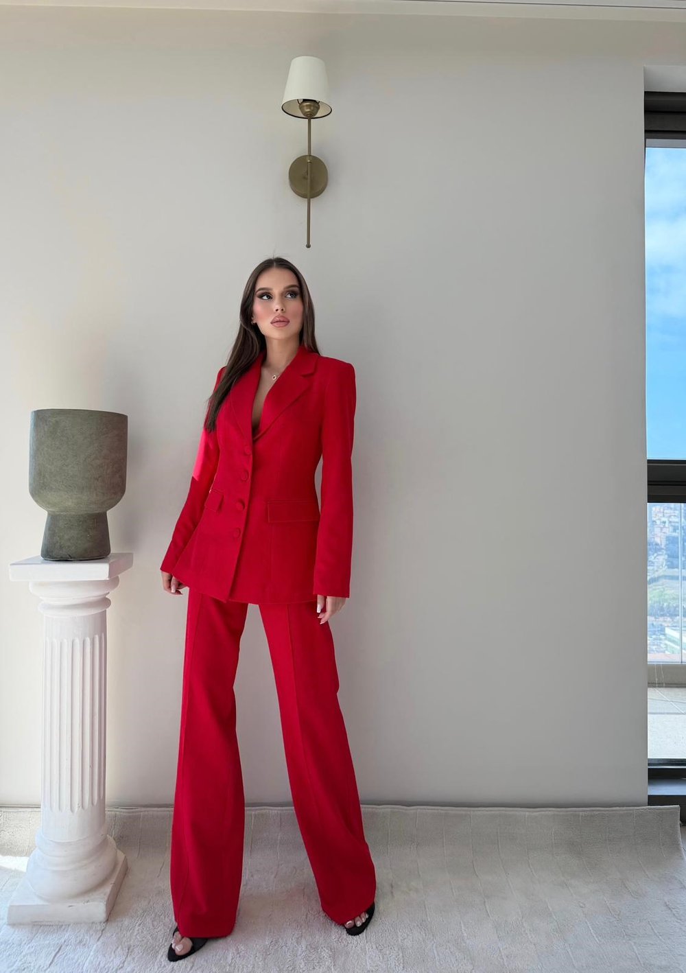 Dört Düğme Detay İç Astarlı Blazer Ceket ve Pantolonlu Double Kumaş İkili Takım Kırmızı 2093
