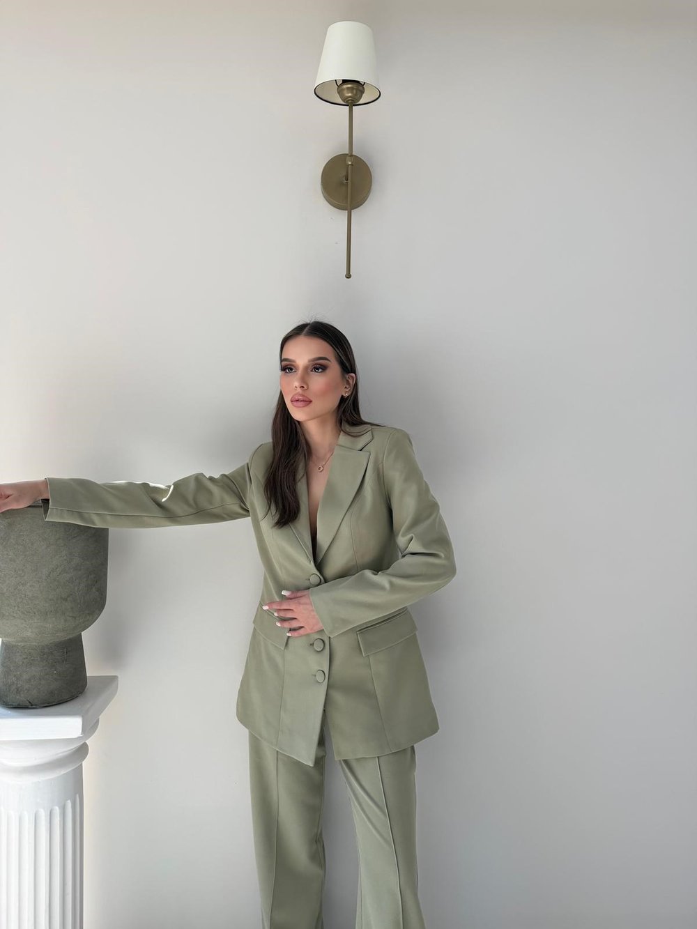 Dört Düğme Detay İç Astarlı Blazer Ceket ve Pantolonlu Double Kumaş İkili Takım Haki 2093