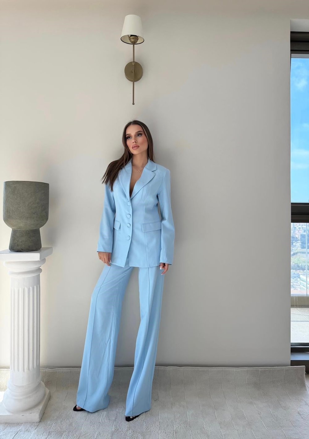 Dört Düğme Detay İç Astarlı Blazer Ceket ve Pantolonlu Double Kumaş İkili Takım Mavi 2093