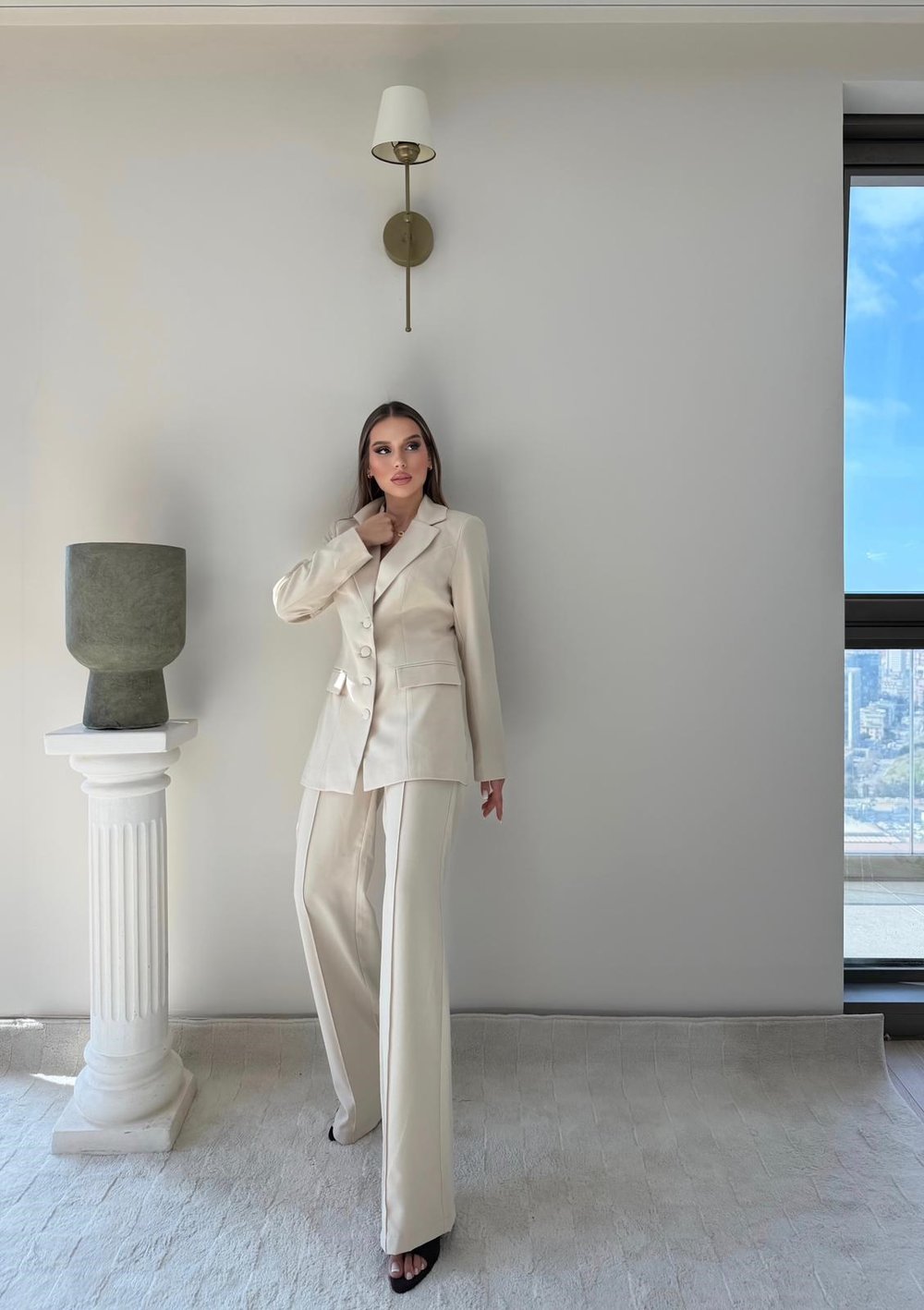 Dört Düğme Detay İç Astarlı Blazer Ceket ve Pantolonlu Double Kumaş İkili Takım Bej 2093