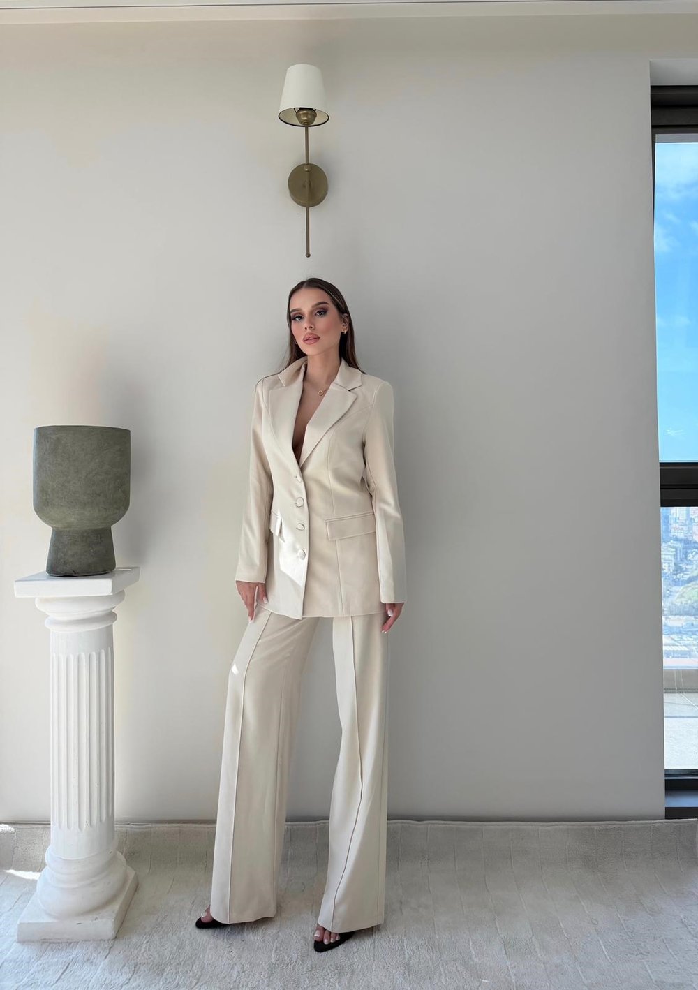 Dört Düğme Detay İç Astarlı Blazer Ceket ve Pantolonlu Double Kumaş İkili Takım Bej 2093