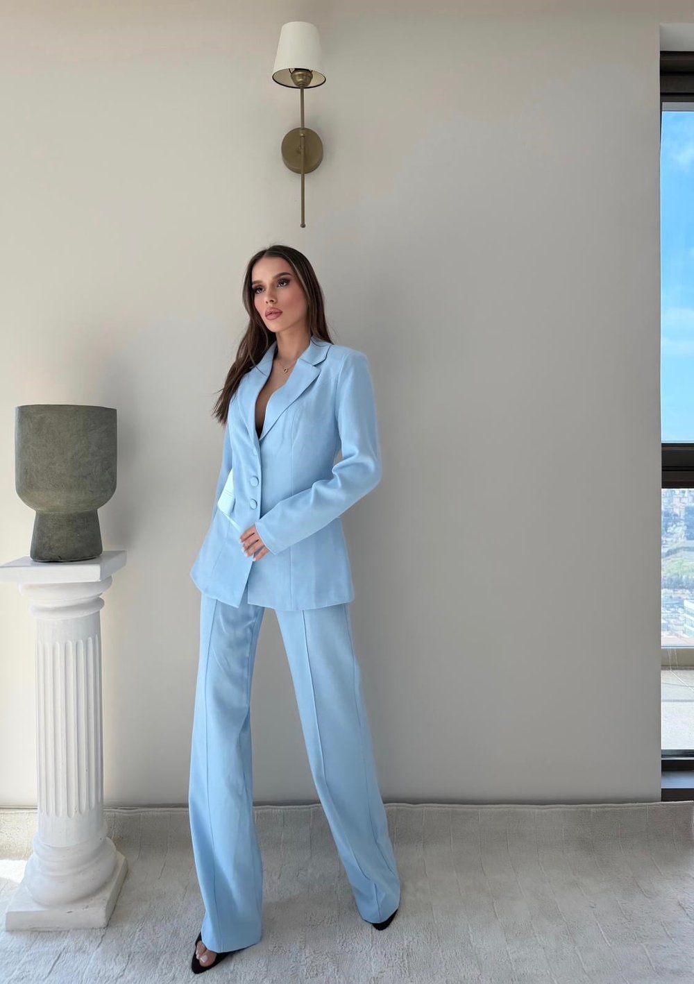 Dört Düğme Detay İç Astarlı Blazer Ceket ve Pantolonlu Double Kumaş İkili Takım Mavi 2093