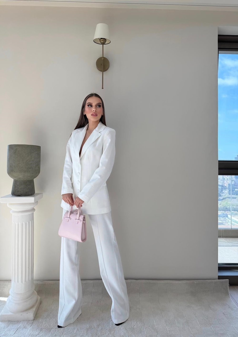 Dört Düğme Detay İç Astarlı Blazer Ceket ve Pantolonlu Double Kumaş İkili Takım Beyaz 2093