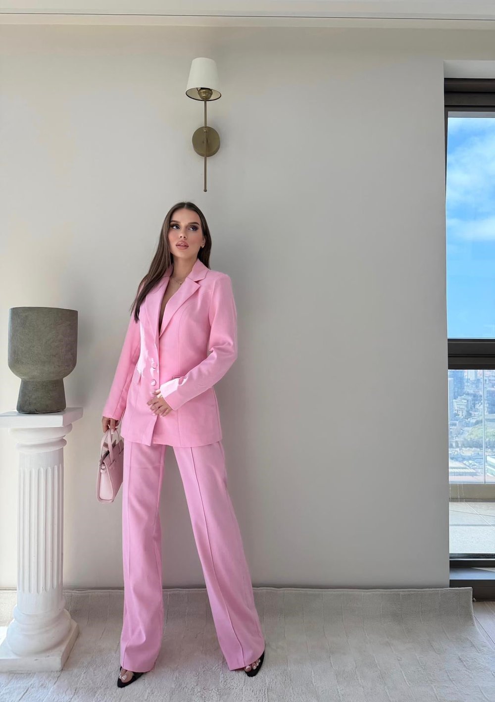 Dört Düğme Detay İç Astarlı Blazer Ceket ve Pantolonlu Double Kumaş İkili Takım Pembe 2093