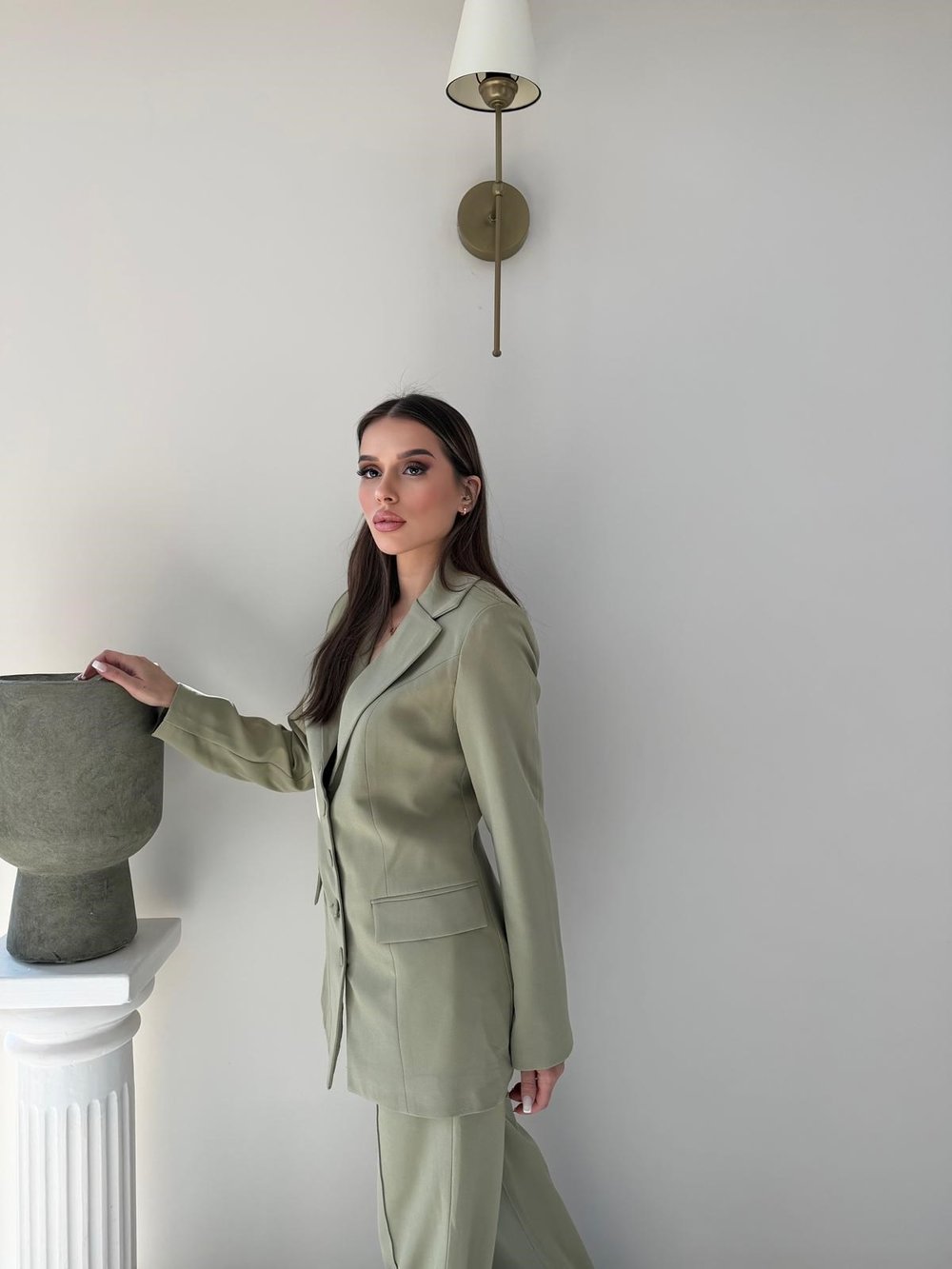Dört Düğme Detay İç Astarlı Blazer Ceket ve Pantolonlu Double Kumaş İkili Takım Haki 2093