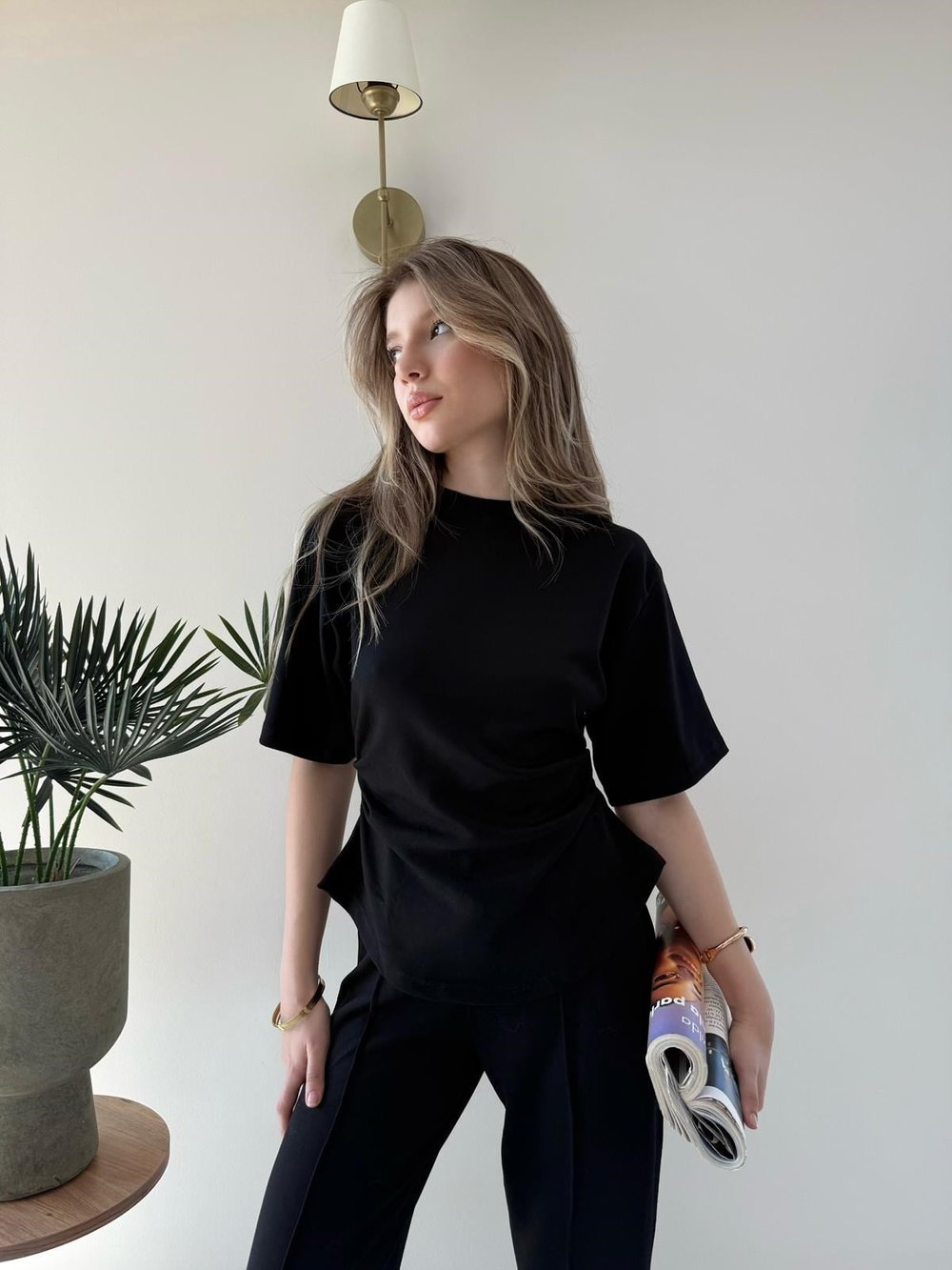 Drape Detay Tişört ve Pantolonlu Modal İkili Takım Siyah 2137