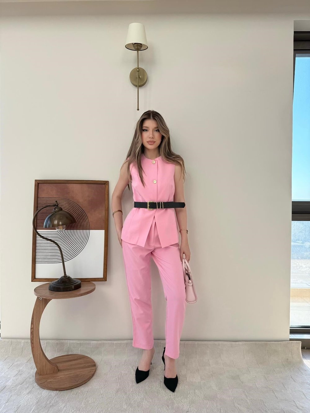 Düğmeli Bel Kemer Detay İç Astarlı Yelek ve Pantolonlu Double Kumaş İkili Takım Pembe 2144