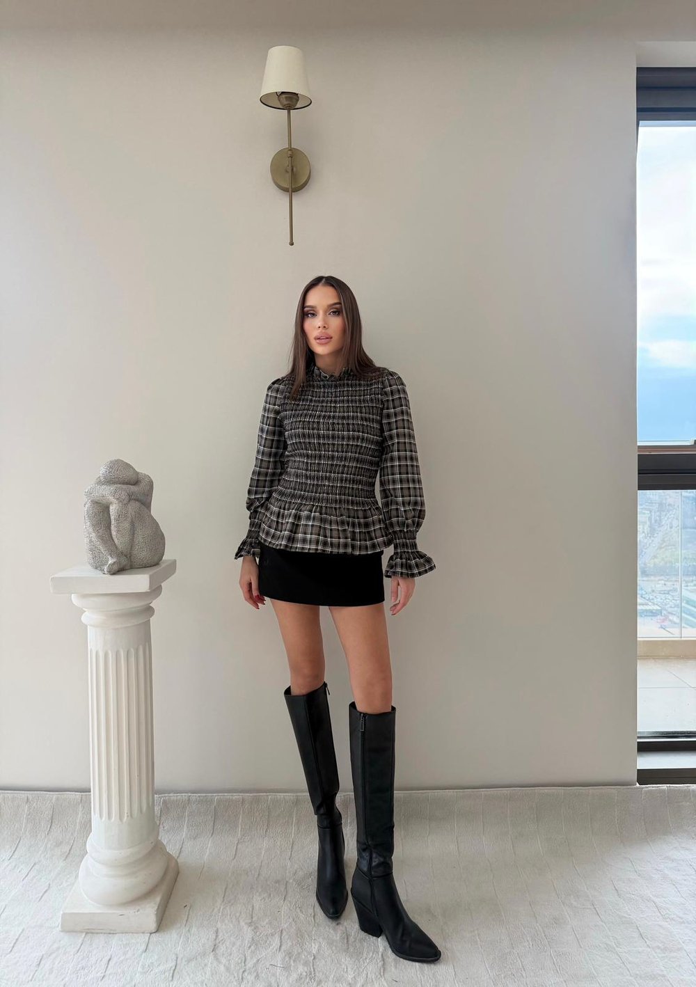 Ekose Desen Büzgülü Etek Volanlı Bluz Kahve 2038