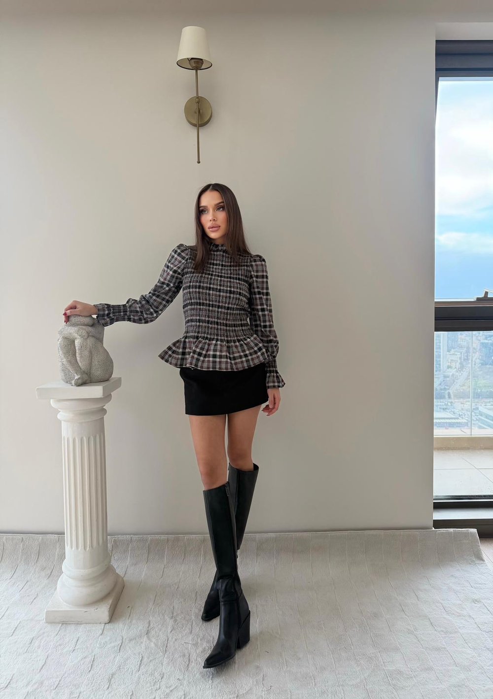 Ekose Desen Büzgülü Etek Volanlı Bluz Antrasit 2038