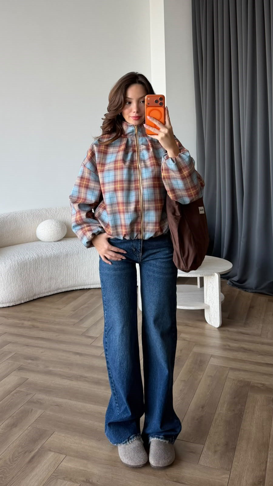 Ekose Desen Gold Fermuar Detay Bomber Ceket Mavi 2400