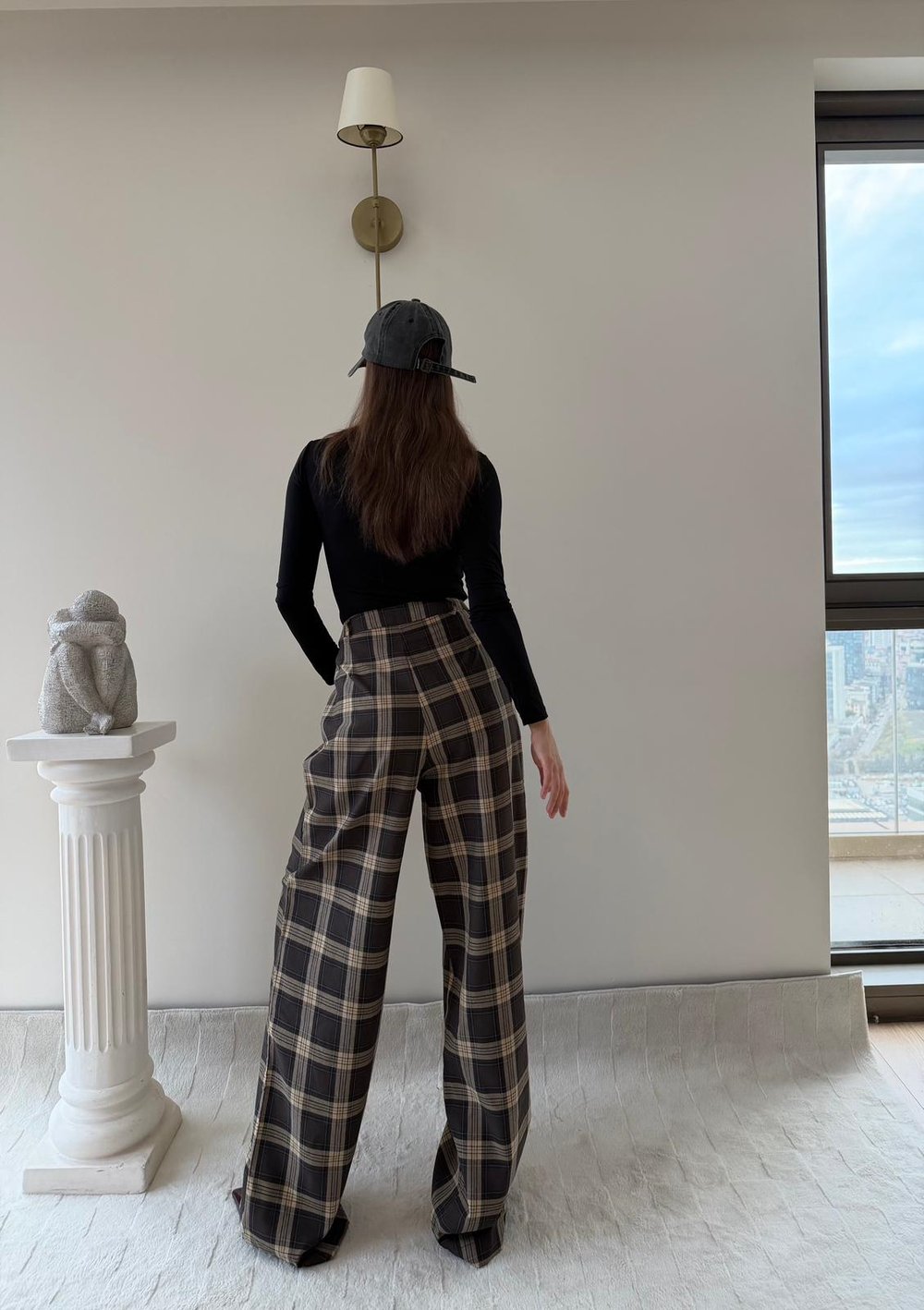 Ekose Desen Yüksek Bel Palazzo Pantolon Kahverengi 2023