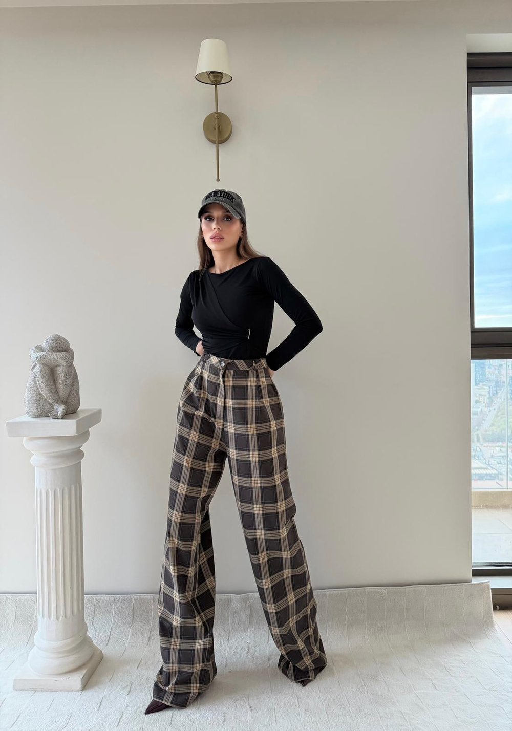 Ekose Desen Yüksek Bel Palazzo Pantolon Kahverengi 2023