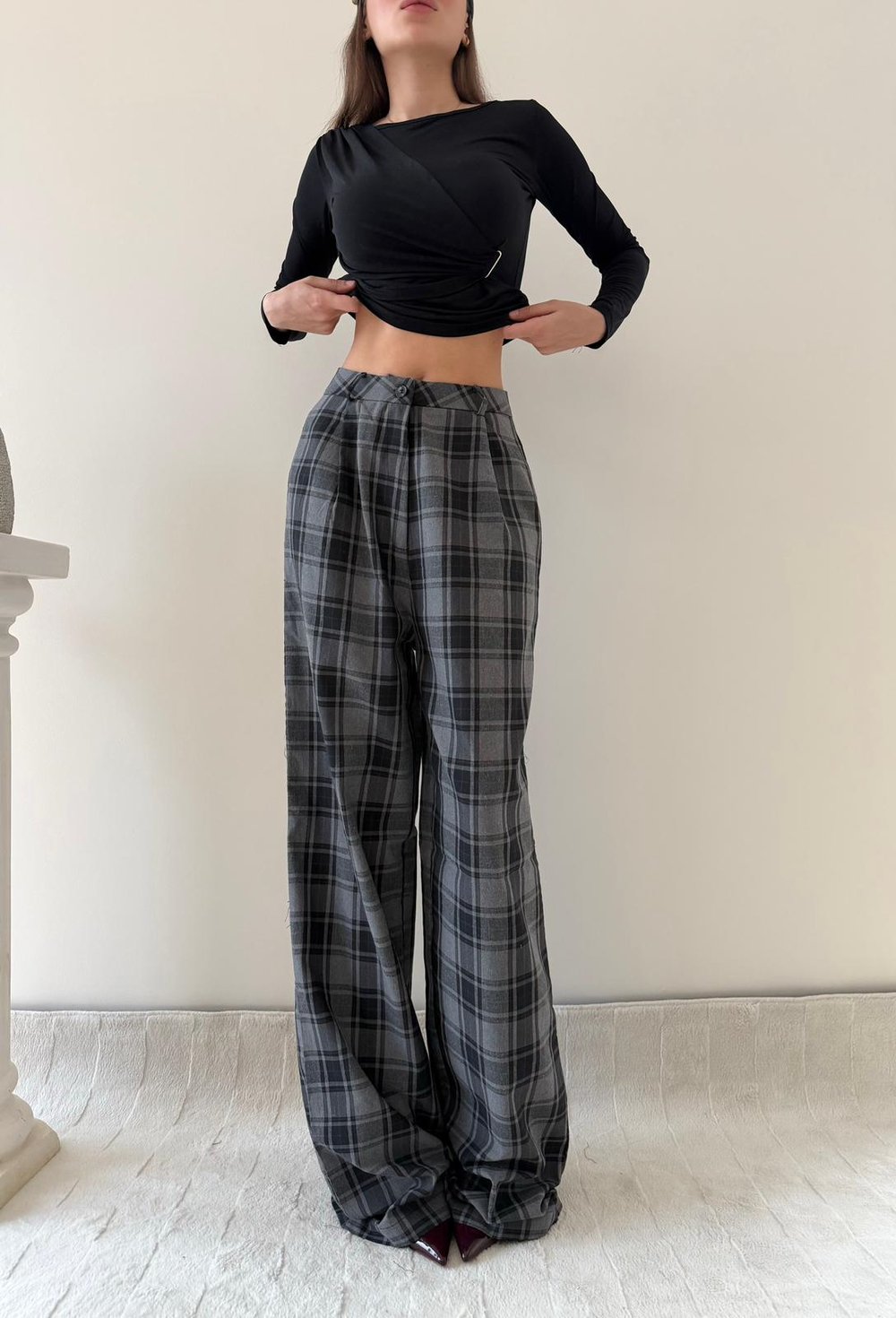 Ekose Desen Yüksek Bel Palazzo Pantolon Gri 2023