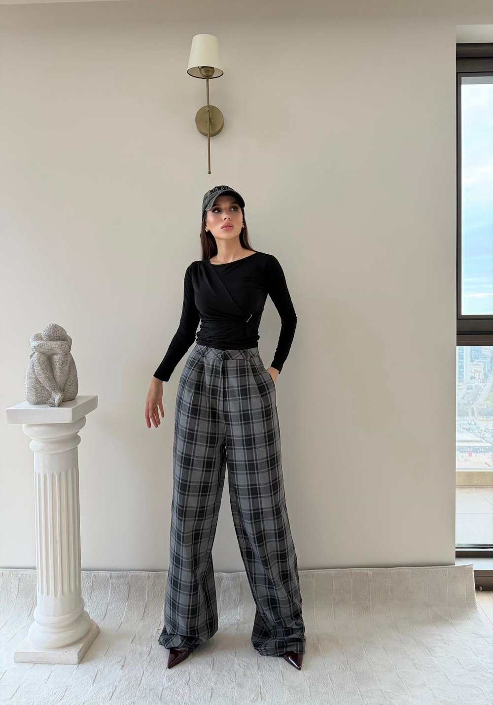 Ekose Desen Yüksek Bel Palazzo Pantolon Gri 2023