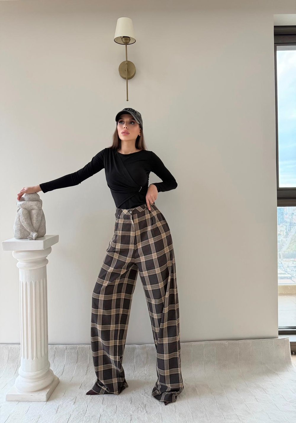 Ekose Desen Yüksek Bel Palazzo Pantolon Kahverengi 2023