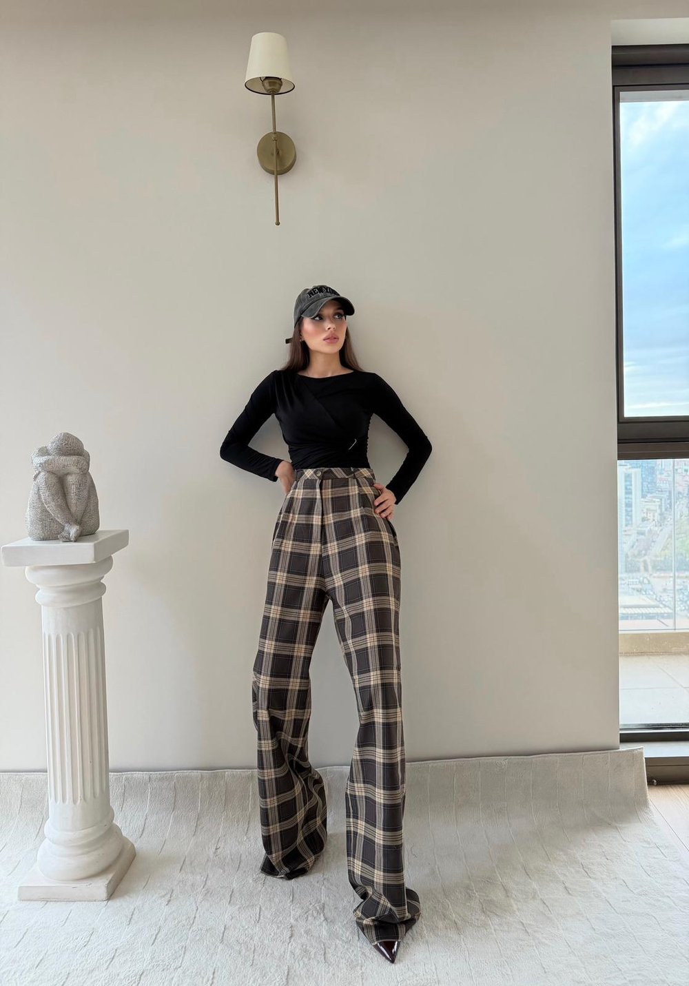 Ekose Desen Yüksek Bel Palazzo Pantolon Kahverengi 2023