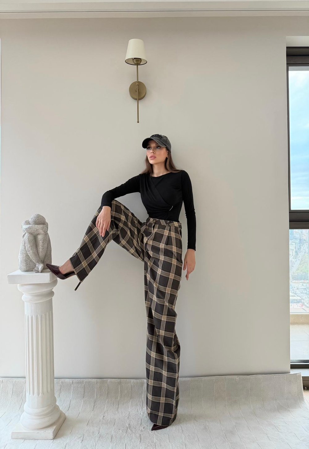 Ekose Desen Yüksek Bel Palazzo Pantolon Kahverengi 2023