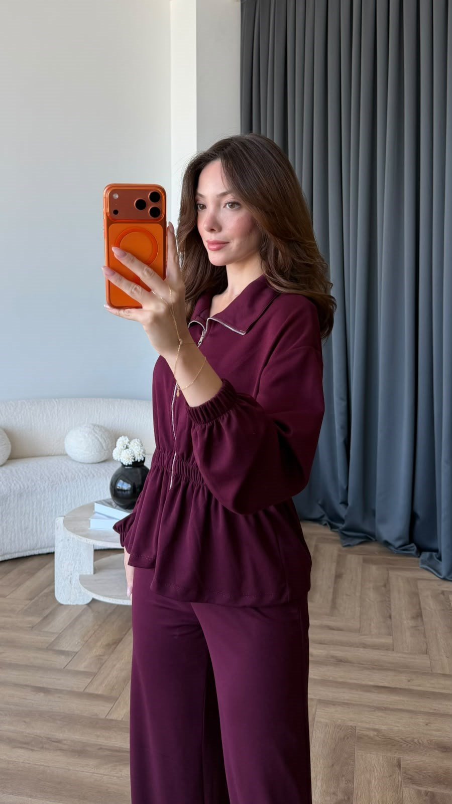 Fermuarlı Bel Drape Detay Bluz ve Pantolonlu Modal İkili Takım Mürdüm 2465