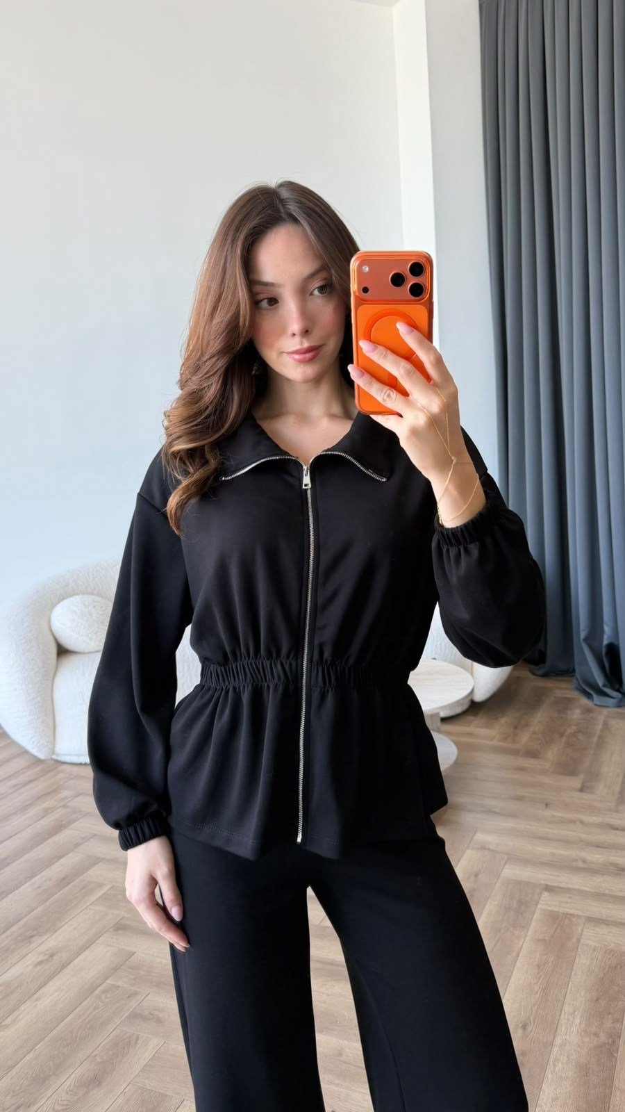 Fermuarlı Bel Drape Detay Bluz ve Pantolonlu Modal İkili Takım Siyah 2465
