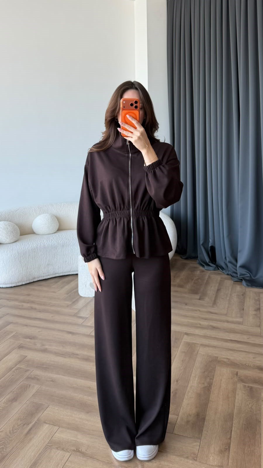 Fermuarlı Bel Drape Detay Bluz ve Pantolonlu Modal İkili Takım Kahve 2465