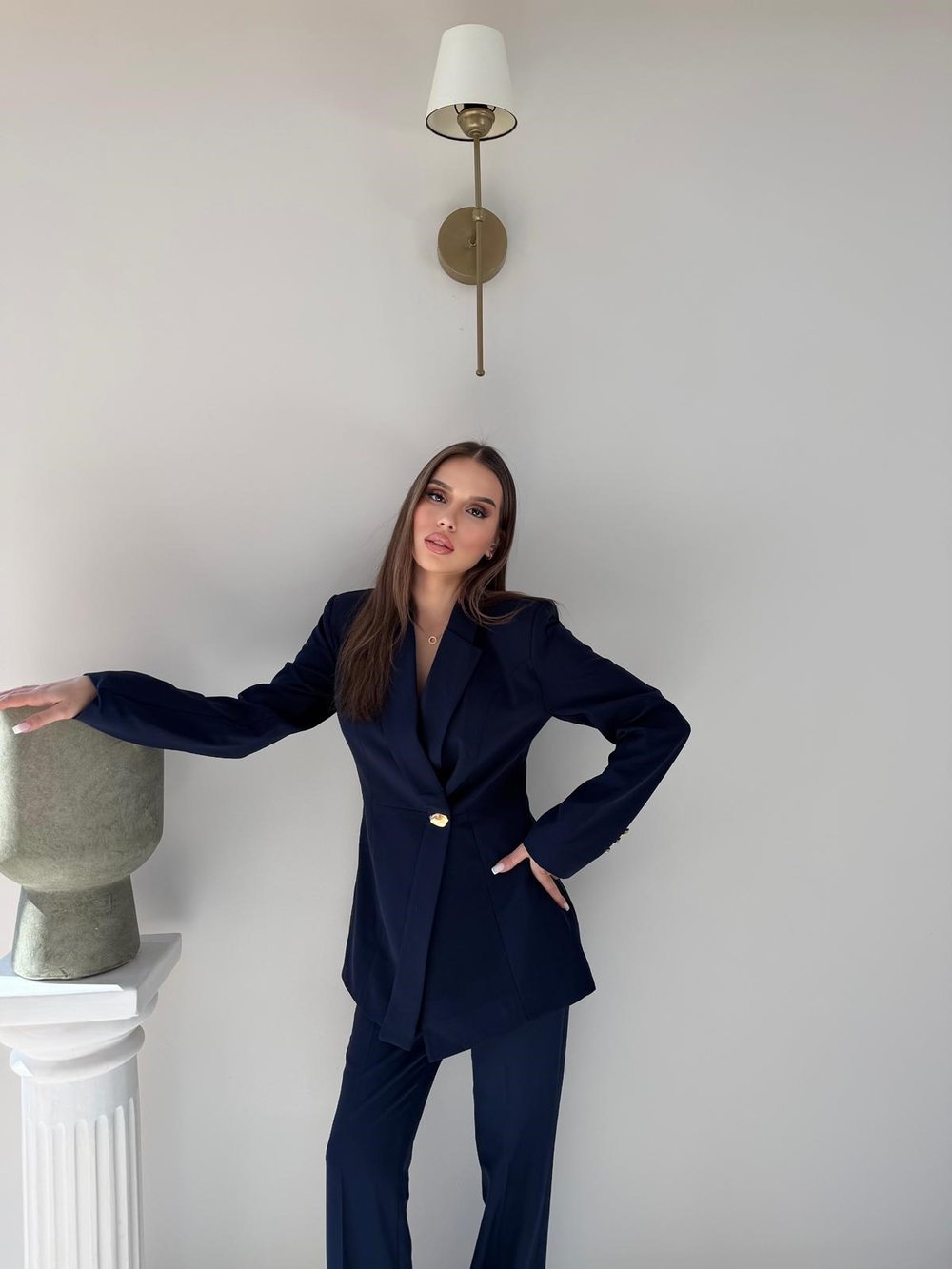 Gold Düğme Detay Blazer Ceket ve Pantolonlu Double Kumaş İkili Takım Lacivert 2095