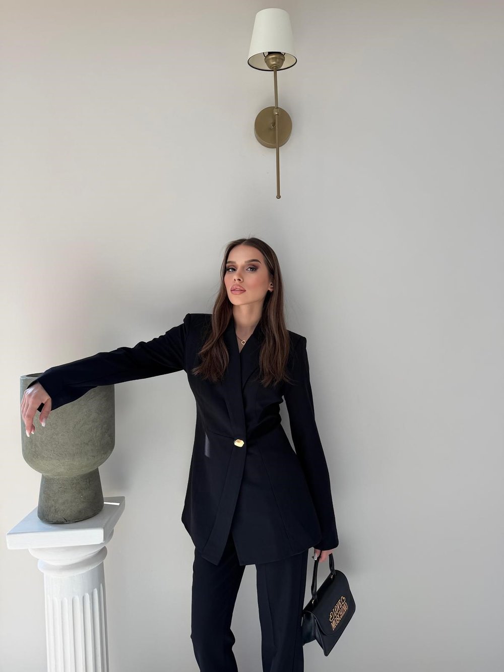 Gold Düğme Detay Blazer Ceket ve Pantolonlu Double Kumaş İkili Takım Siyah 2095