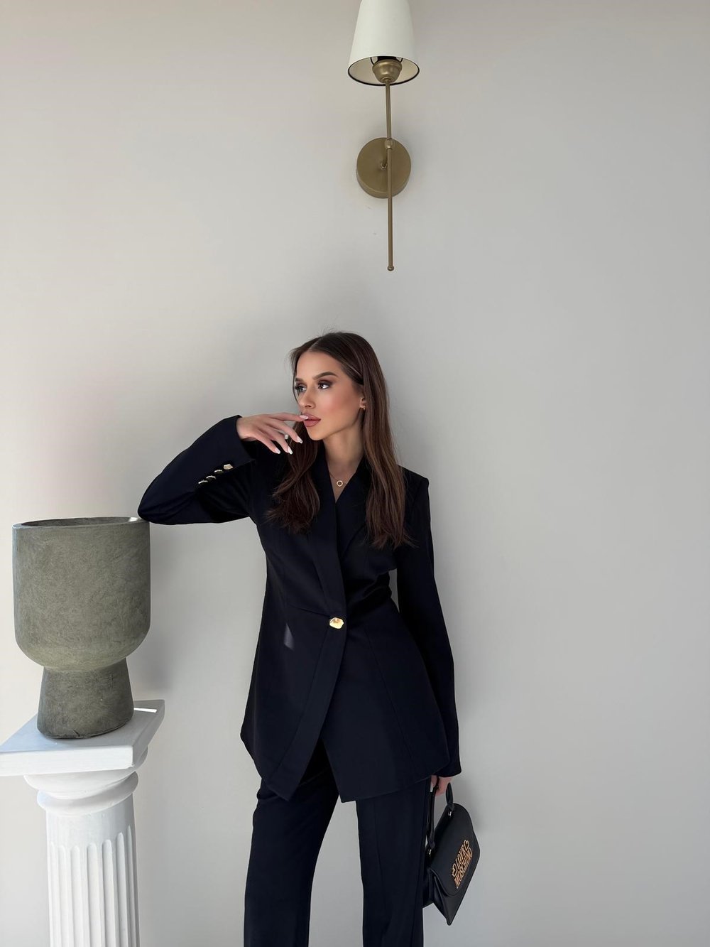 Gold Düğme Detay Blazer Ceket ve Pantolonlu Double Kumaş İkili Takım Siyah 2095