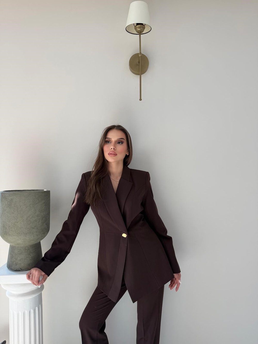 Gold Düğme Detay Blazer Ceket ve Pantolonlu Double Kumaş İkili Takım Acı Kahve 2095