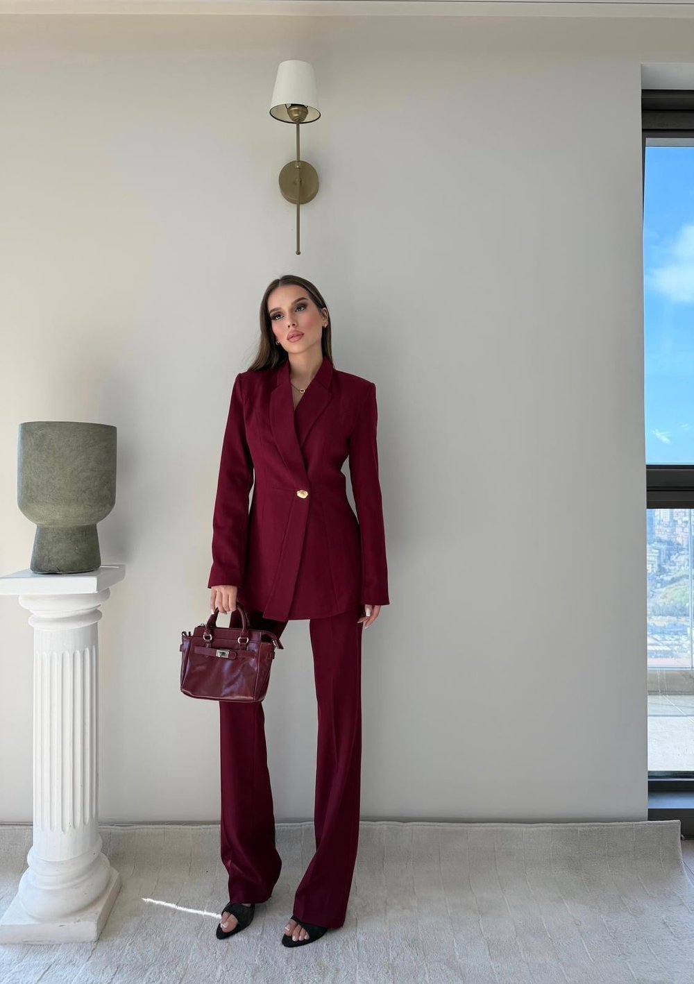 Gold Düğme Detay Blazer Ceket ve Pantolonlu Double Kumaş İkili Takım Bordo 2095
