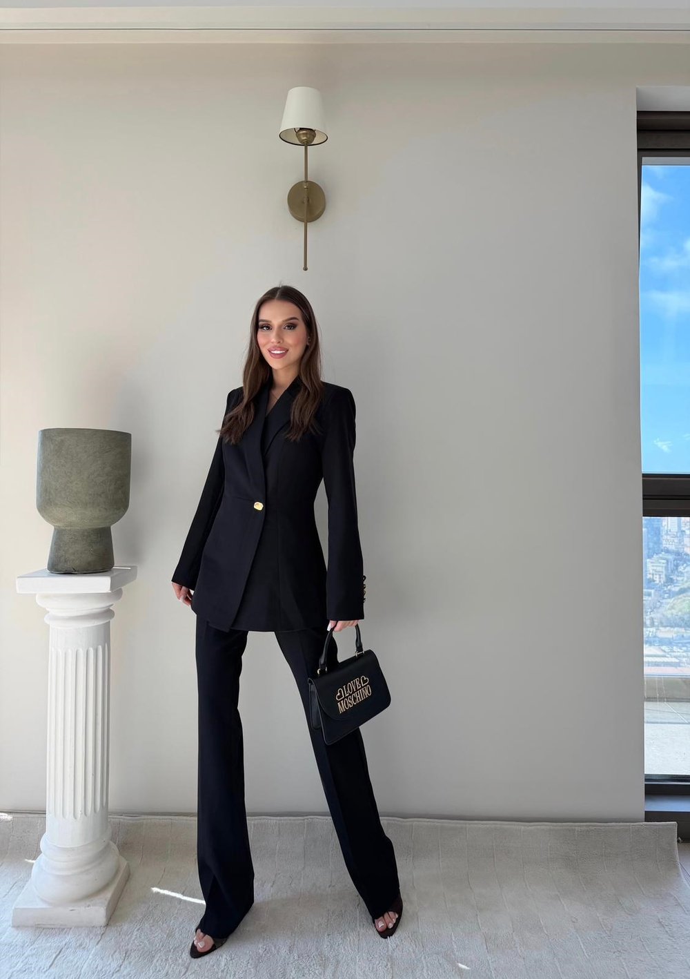 Gold Düğme Detay Blazer Ceket ve Pantolonlu Double Kumaş İkili Takım Siyah 2095