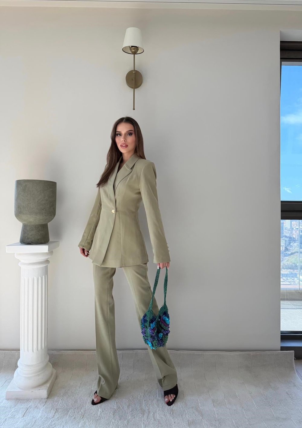 Gold Düğme Detay Blazer Ceket ve Pantolonlu Double Kumaş İkili Takım Haki 2095