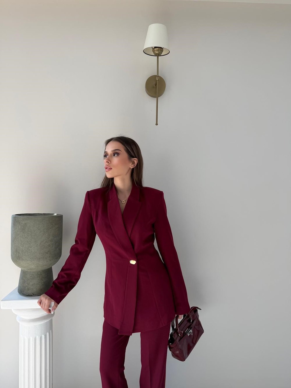 Gold Düğme Detay Blazer Ceket ve Pantolonlu Double Kumaş İkili Takım Bordo 2095
