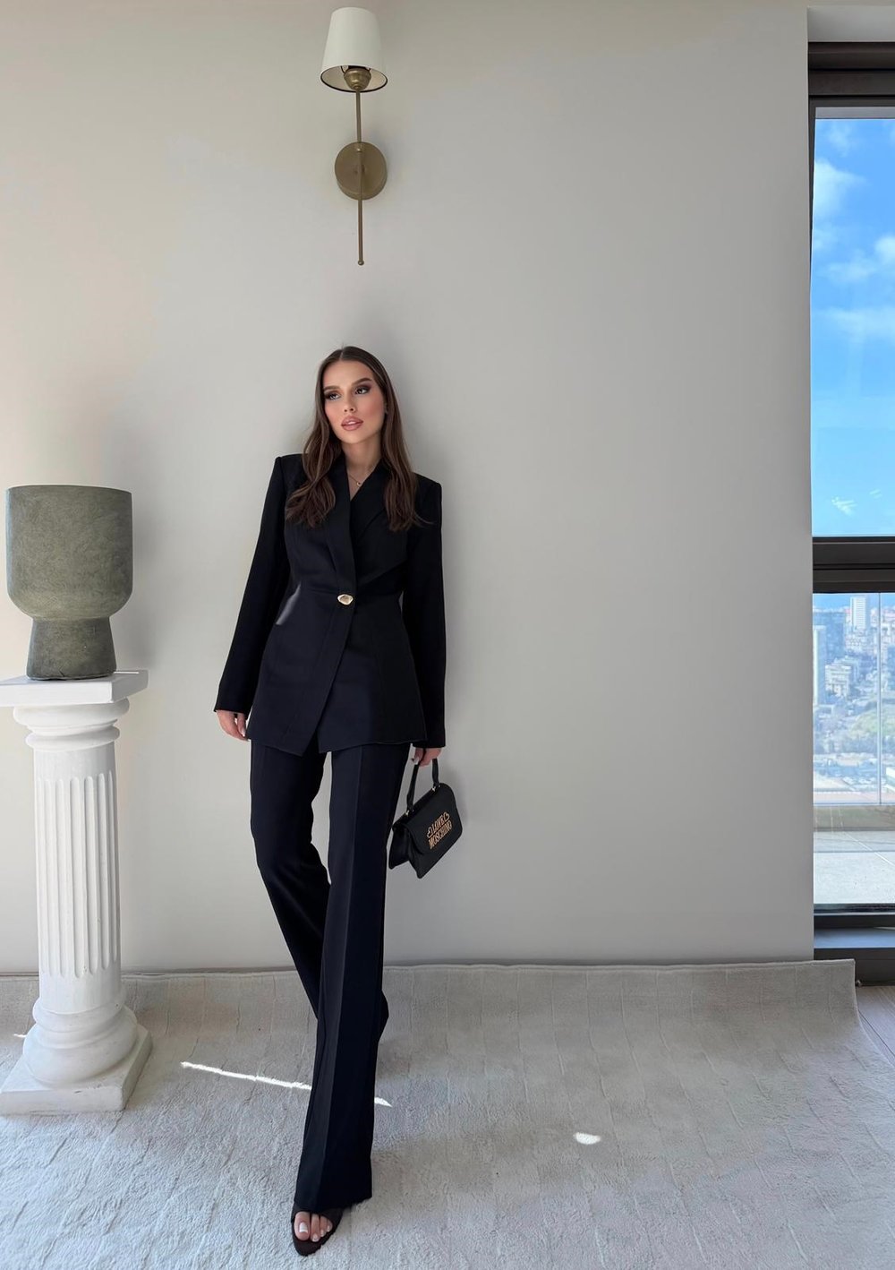 Gold Düğme Detay Blazer Ceket ve Pantolonlu Double Kumaş İkili Takım Siyah 2095