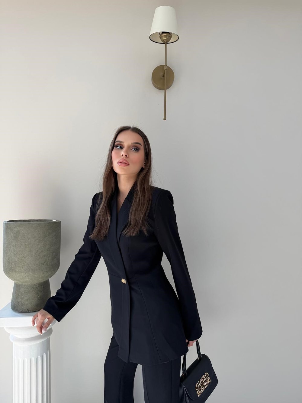 Gold Düğme Detay Blazer Ceket ve Pantolonlu Double Kumaş İkili Takım Siyah 2095