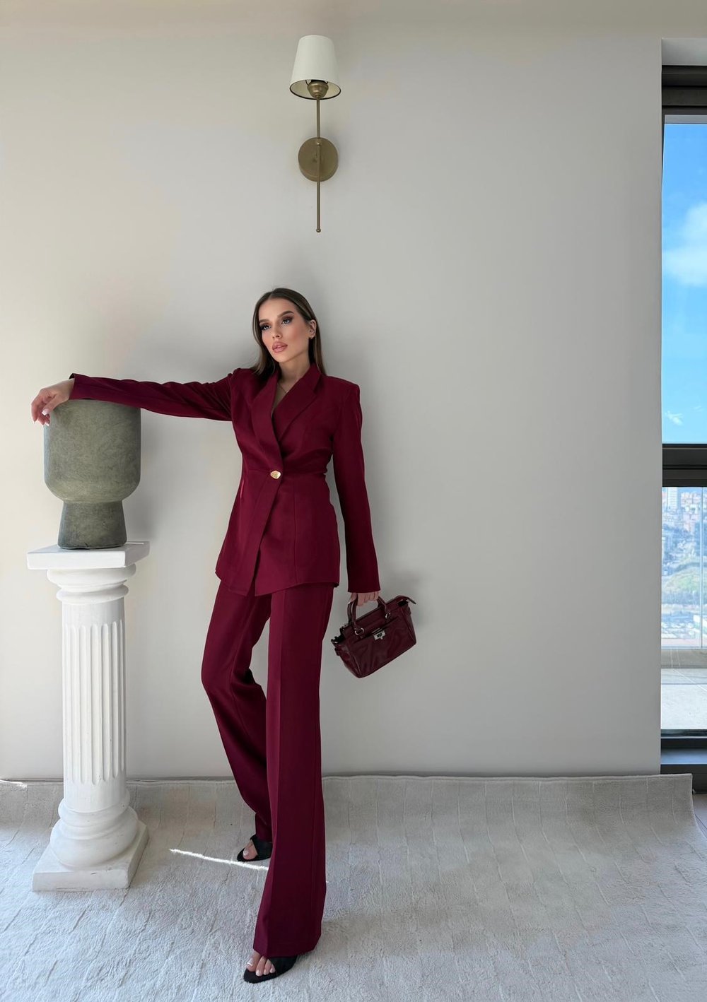 Gold Düğme Detay Blazer Ceket ve Pantolonlu Double Kumaş İkili Takım Bordo 2095