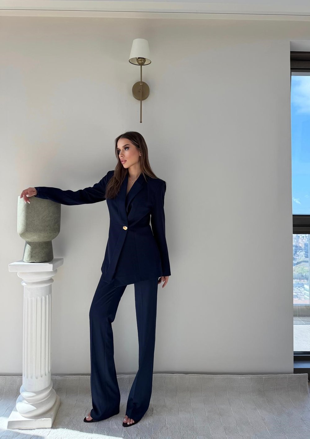 Gold Düğme Detay Blazer Ceket ve Pantolonlu Double Kumaş İkili Takım Lacivert 2095