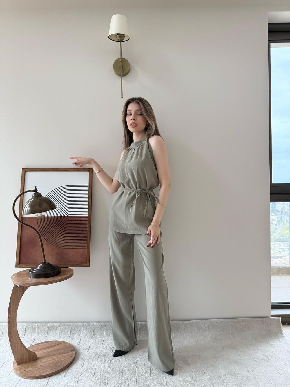 Halter Yaka Bel Bağcıklı Bluz ve Pantolonlu Tensel Modal Takım Haki 2218