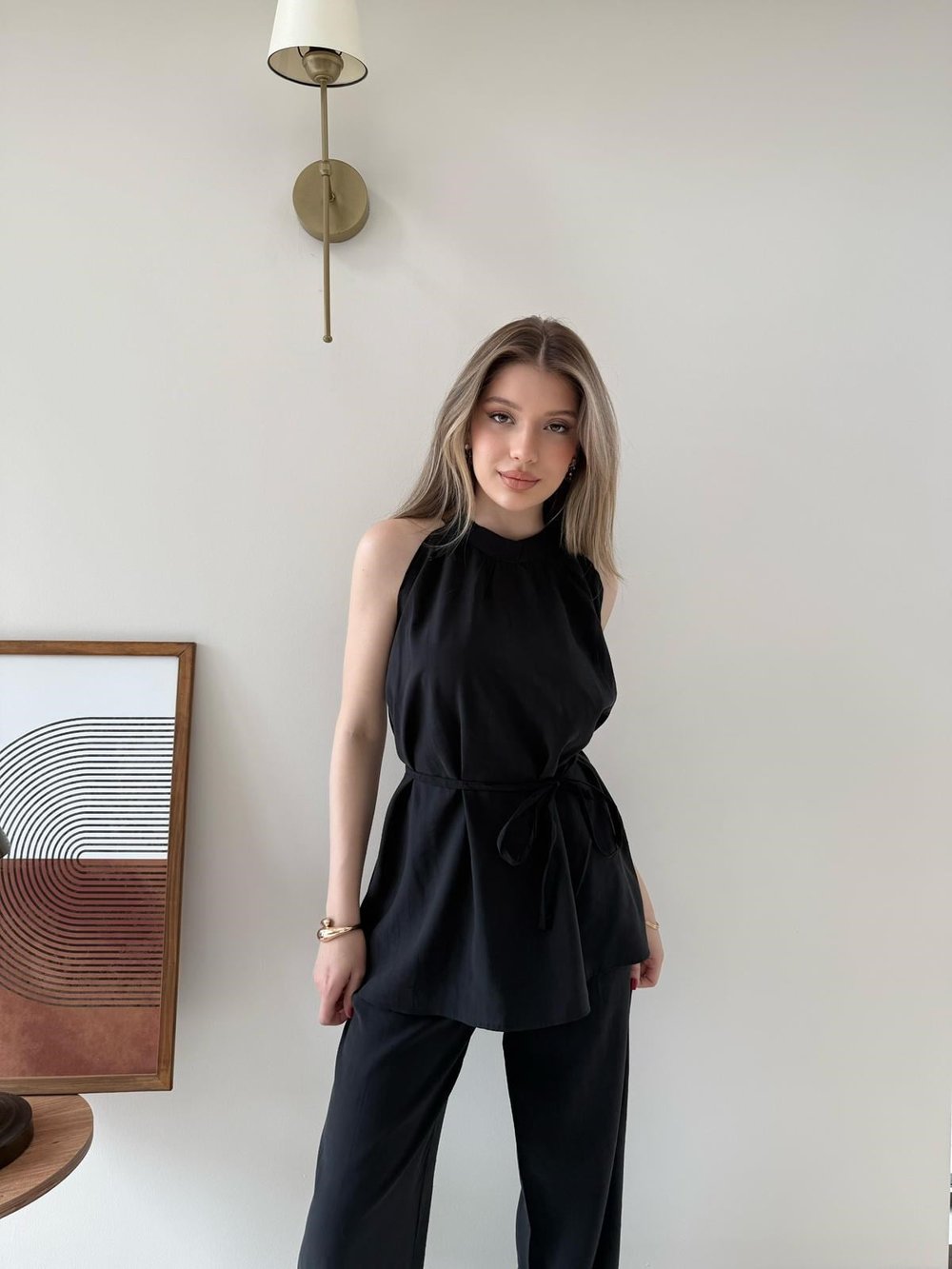 Halter Yaka Bel Bağcıklı Bluz ve Pantolonlu Tensel Modal Takım Siyah 2218