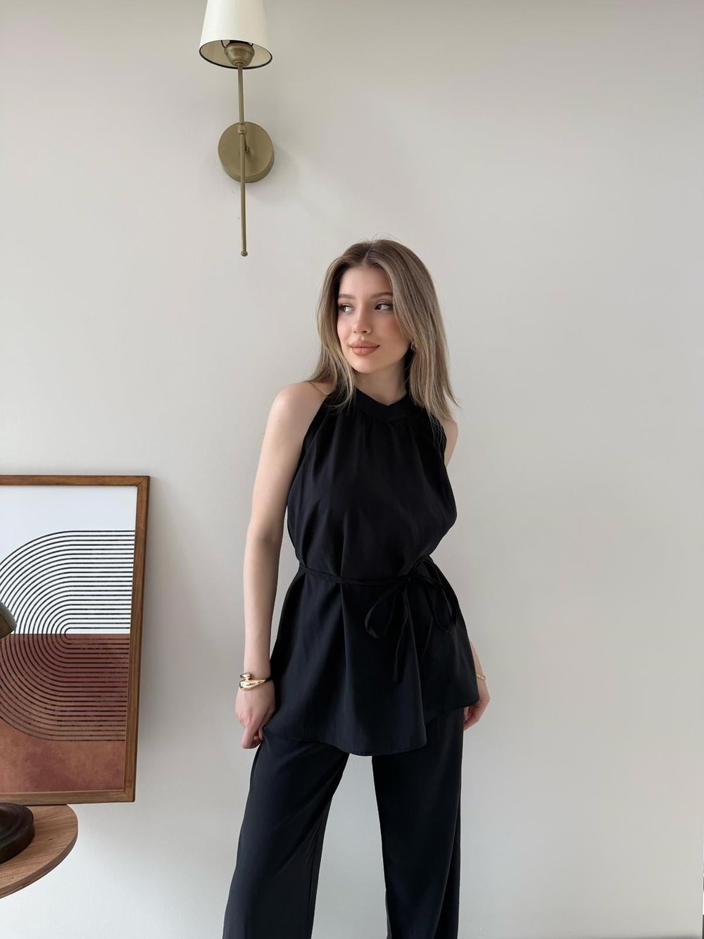 Halter Yaka Bel Bağcıklı Bluz ve Pantolonlu Tensel Modal Takım Siyah 2218