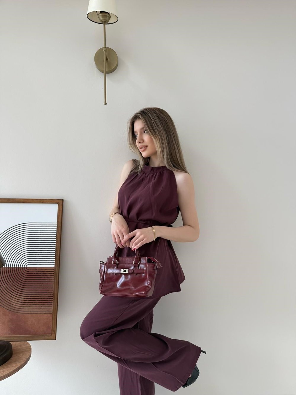 Halter Yaka Bel Bağcıklı Bluz ve Pantolonlu Tensel Modal Takım Mürdüm 2218