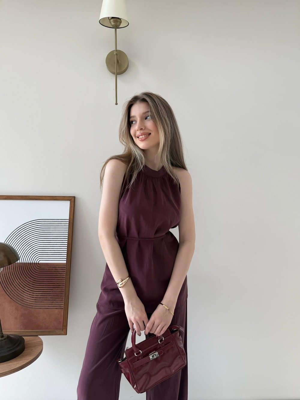 Halter Yaka Bel Bağcıklı Bluz ve Pantolonlu Tensel Modal Takım Mürdüm 2218
