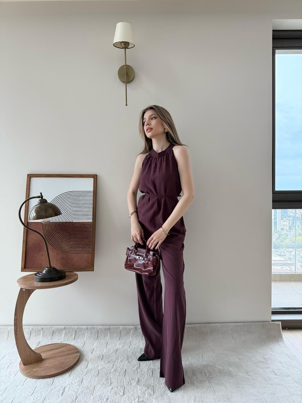 Halter Yaka Bel Bağcıklı Bluz ve Pantolonlu Tensel Modal Takım Mürdüm 2218